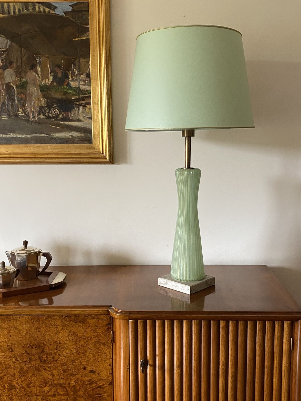 Mid Century Modern Green Murano Glass Table Lamp, Barovier & Toso Italy, 1940s photo furniture