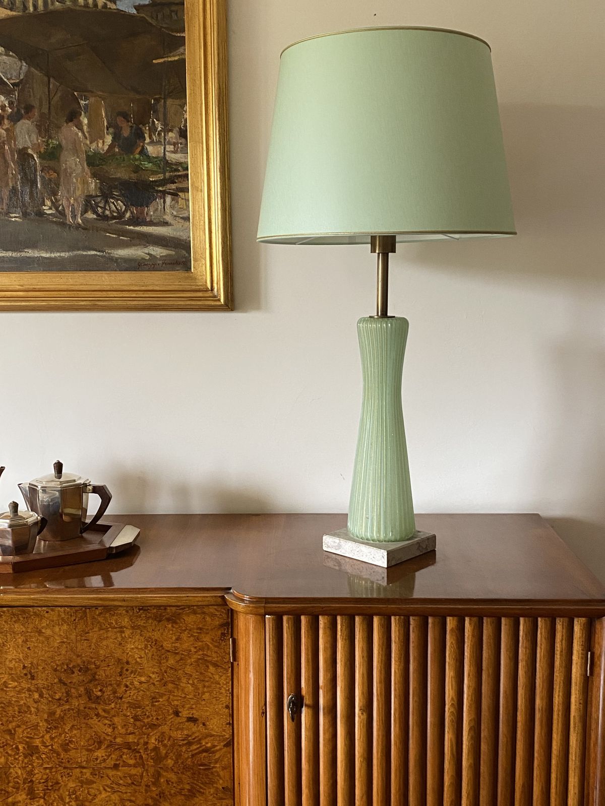 photo vintage Mid Century Modern Green Murano Glass Table Lamp, Barovier & Toso Italy, 1940s