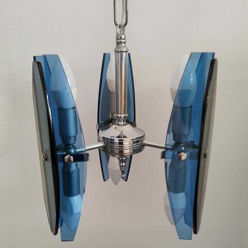 1970s Gorgeous Blue And Smoked Glass Pendant Lamp By Veca. Made In Italy photo Lighting