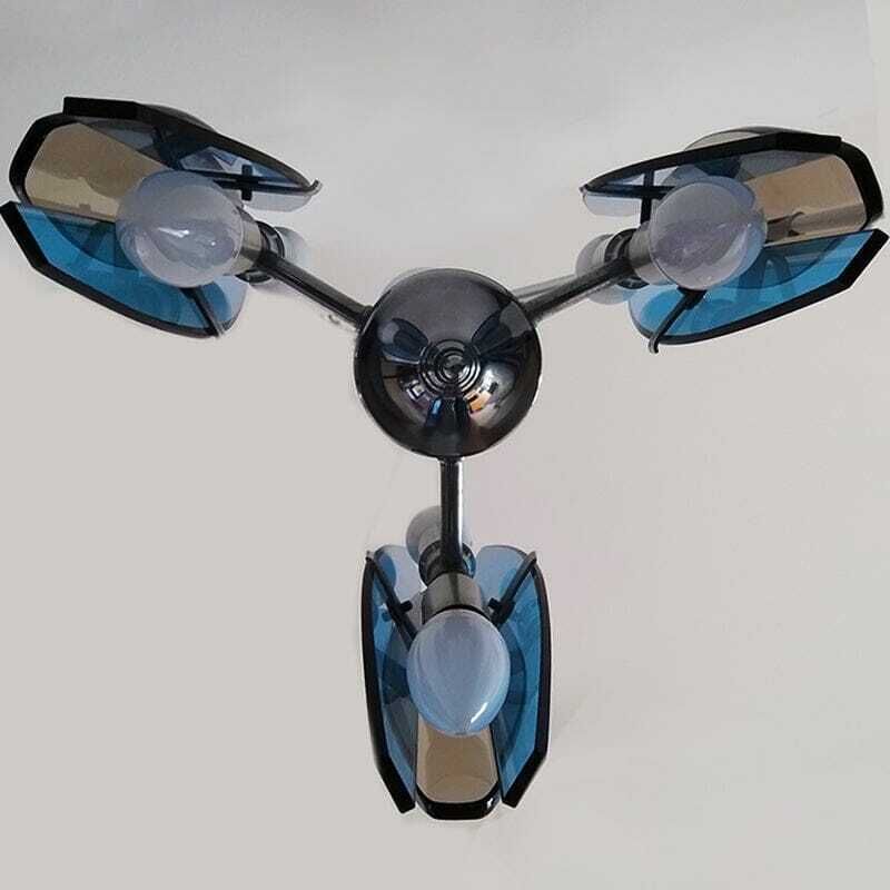 photo furniture 1970s Gorgeous Blue And Smoked Glass Pendant Lamp By Veca. Made In Italy