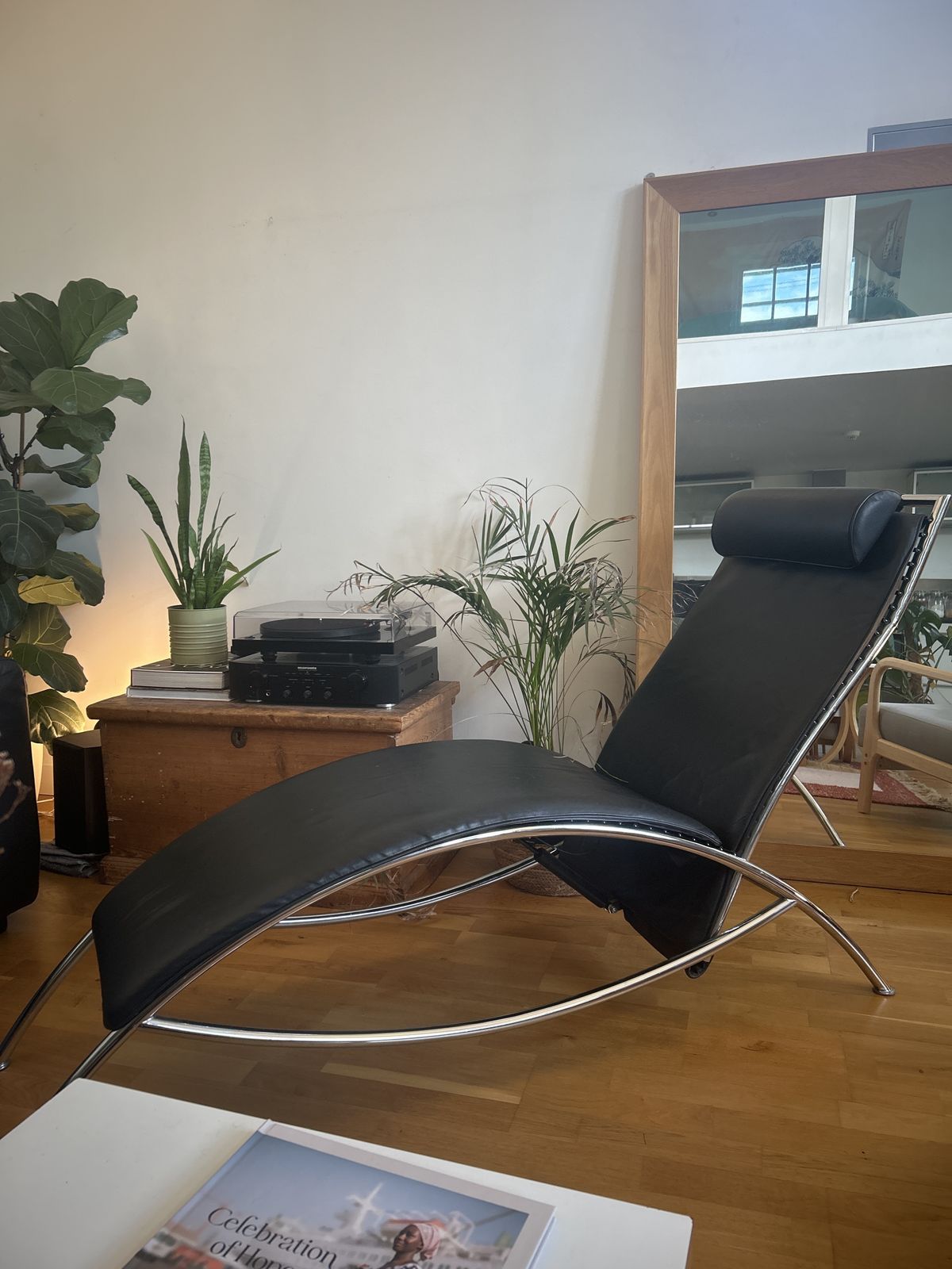 Designer Lounge Chair With Original Black Leather