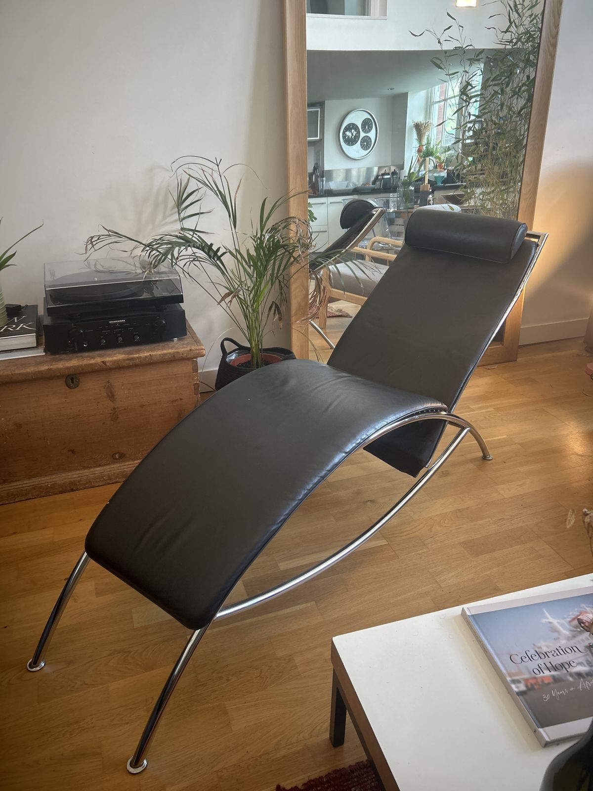 Designer Lounge Chair With Original Black Leather photo for sale