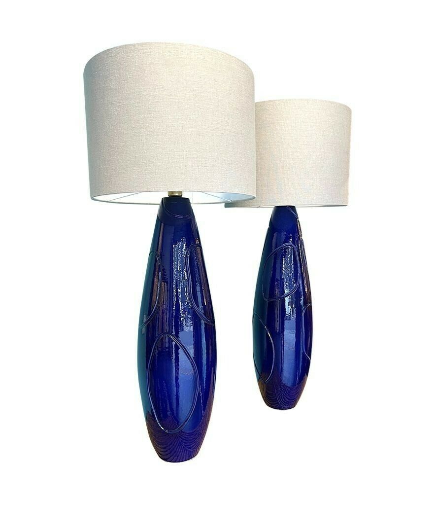 A Pair Of Italian 1980s Large Blue Ceramic And Brass Lamps, Rewired With With New Fittings. Shades Included And Dimensions Are With The Shades.