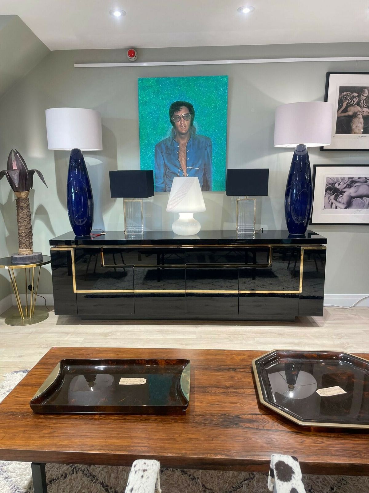 A Pair Of Italian 1980s Large Blue Ceramic And Brass Lamps, Rewired With With New Fittings. Shades Included And Dimensions Are With The Shades. photo furniture