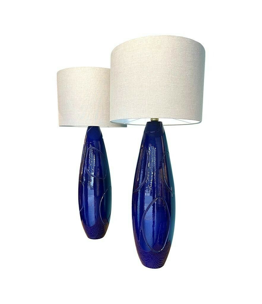 A Pair Of Italian 1980s Large Blue Ceramic And Brass Lamps, Rewired With With New Fittings. Shades Included And Dimensions Are With The Shades. photo Lighting