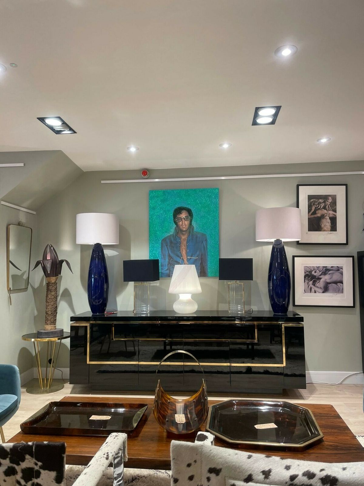 photo for sale A Pair Of Italian 1980s Large Blue Ceramic And Brass Lamps, Rewired With With New Fittings. Shades Included And Dimensions Are With The Shades.