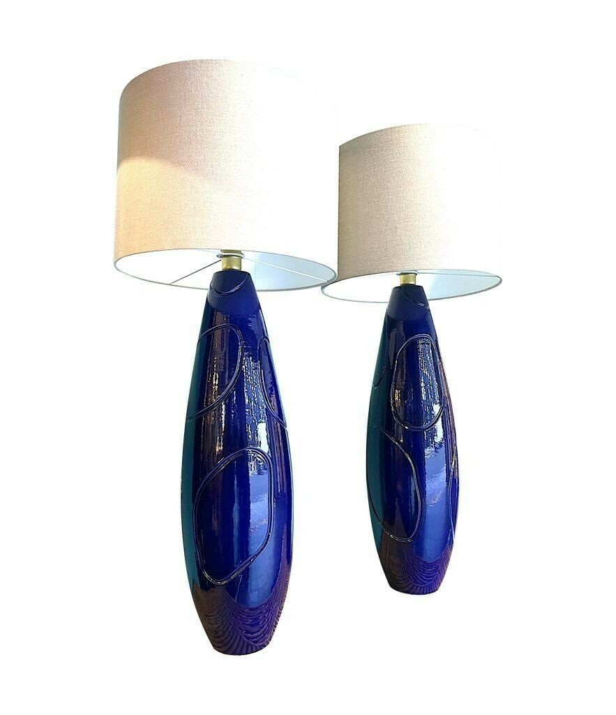 Lighting A Pair Of Italian 1980s Large Blue Ceramic And Brass Lamps, Rewired With With New Fittings. Shades Included And Dimensions Are With The Shades. photo