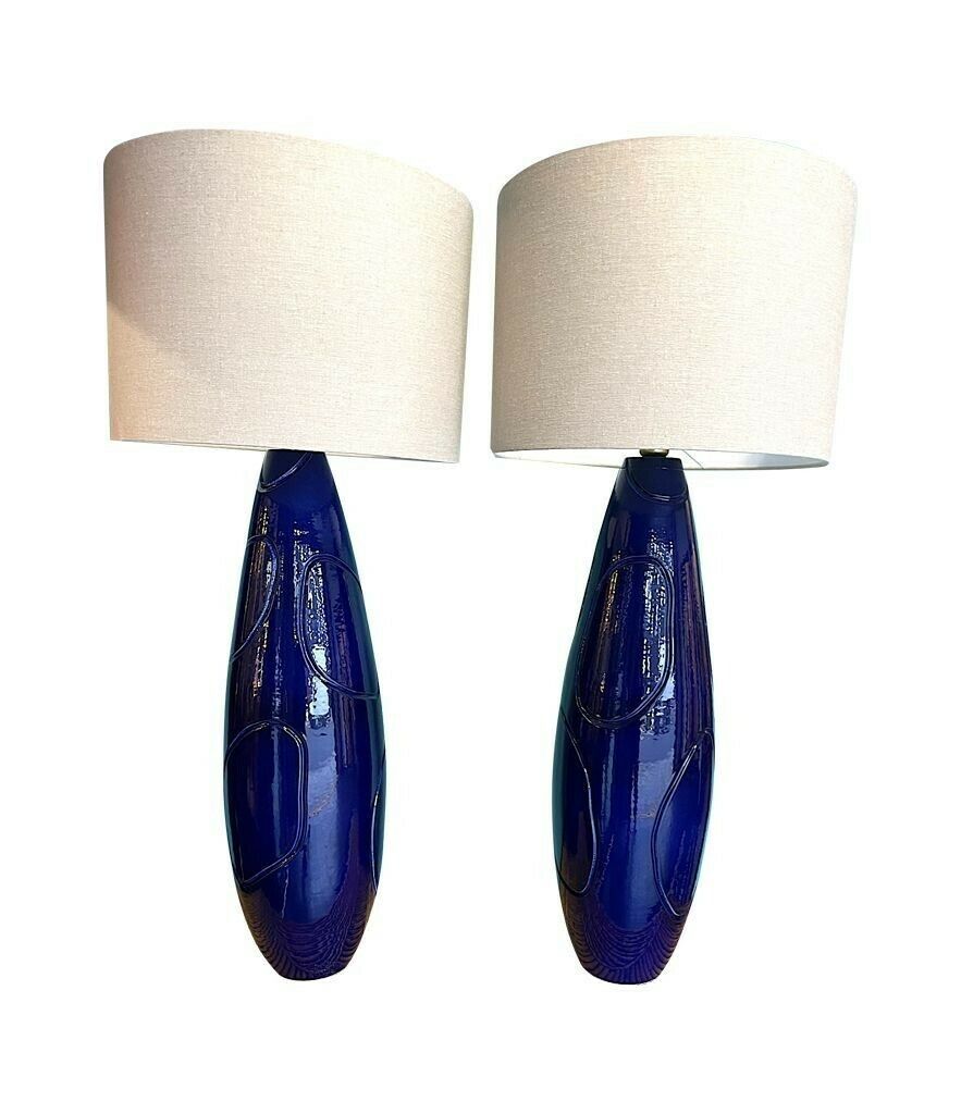 photo vinterior A Pair Of Italian 1980s Large Blue Ceramic And Brass Lamps, Rewired With With New Fittings. Shades Included And Dimensions Are With The Shades.