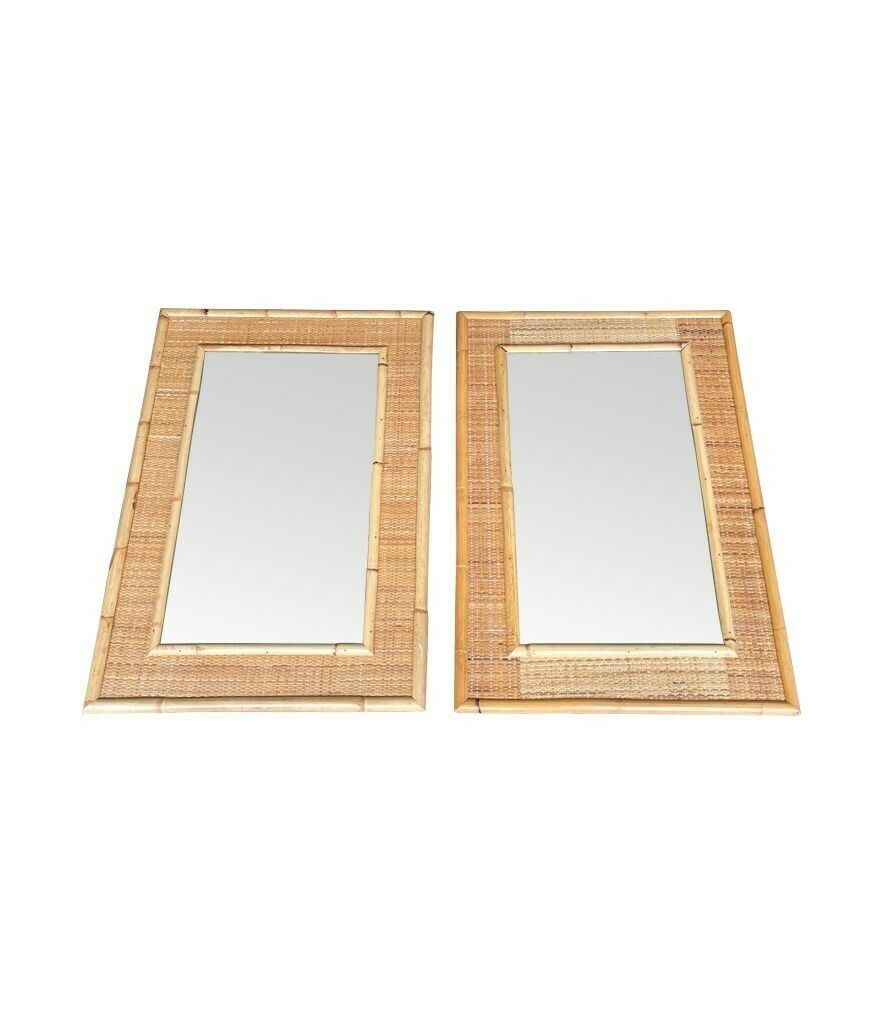 A Pair Of Large Italian 1970s Bamboo And Woven Rattan Mirrors By Dal Vera photo vintage