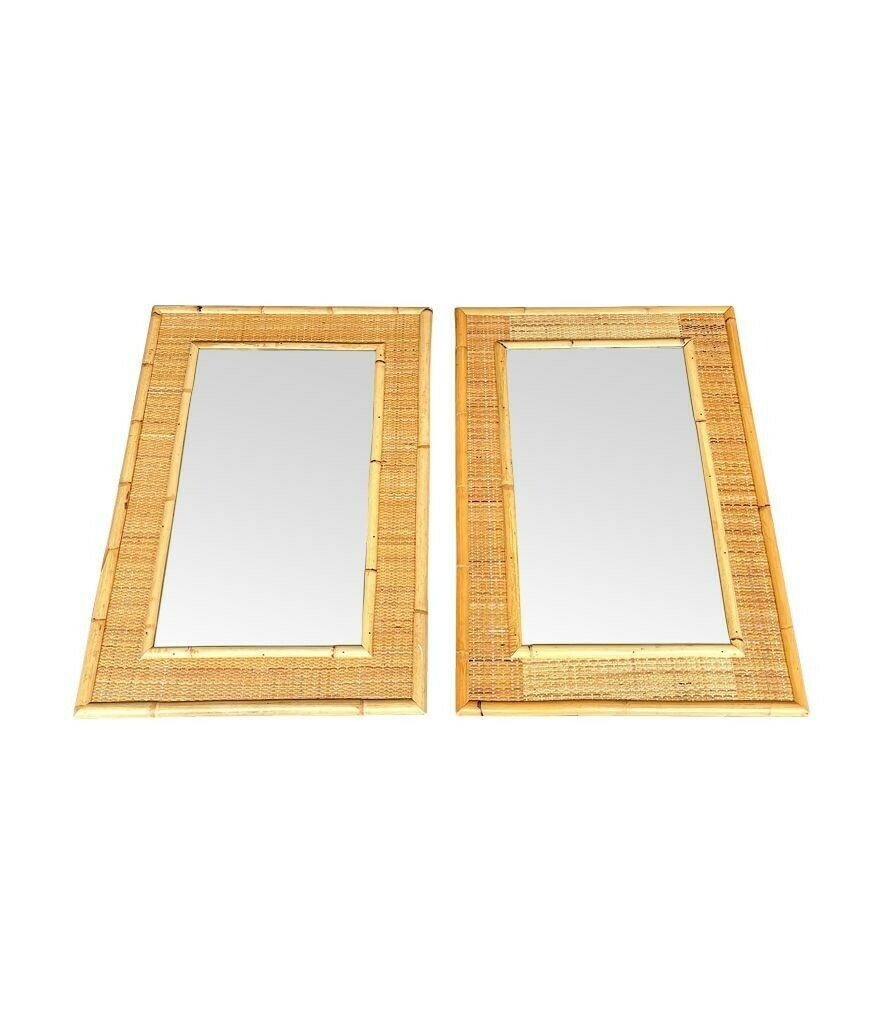 photo for sale A Pair Of Large Italian 1970s Bamboo And Woven Rattan Mirrors By Dal Vera