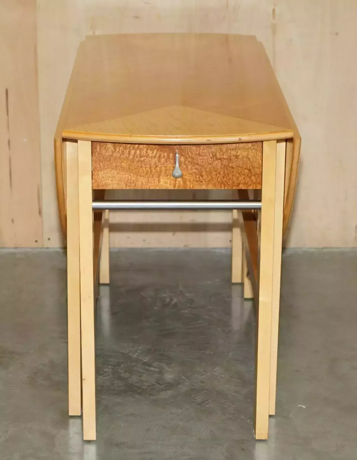 Stunning Andrew Varah Satinwood Walnut Round Extending Dining Table With Drawers photo for sale