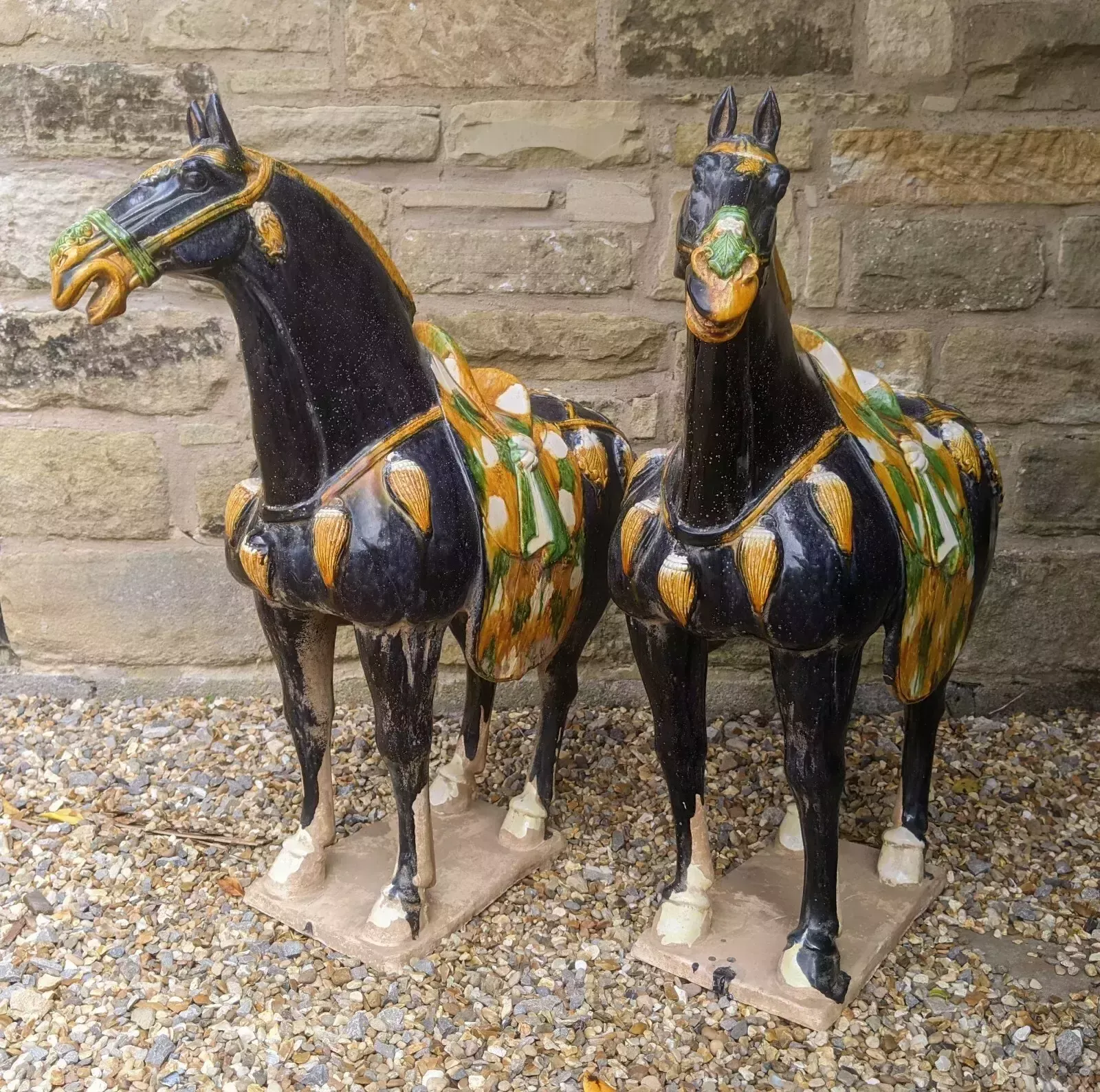 Handsome Pair Of Large Chinese Tang Horses In Sancai Glaze