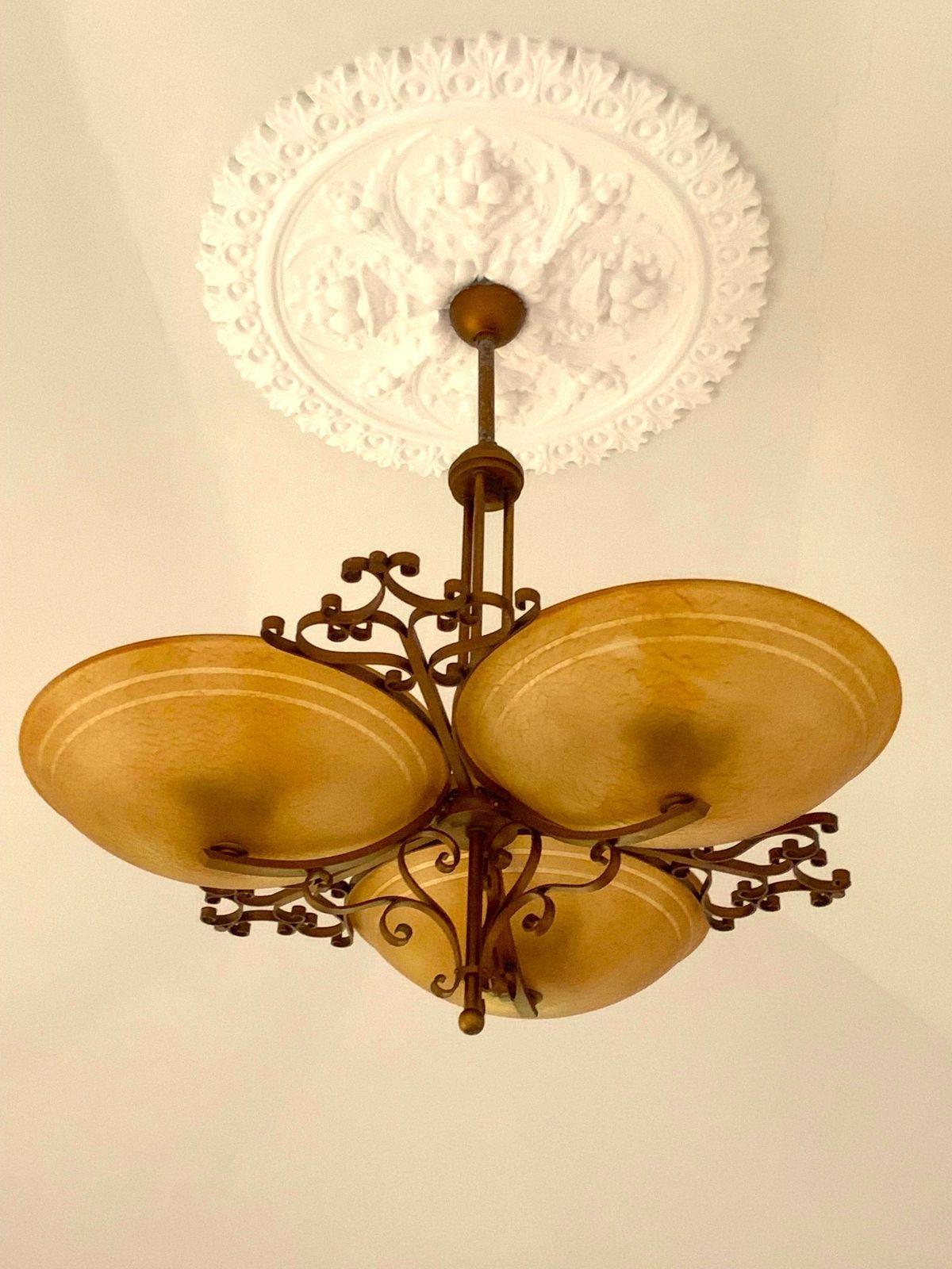 English Art Deco Chandelier With 3 Yellow Celluliod Shade photo for sale