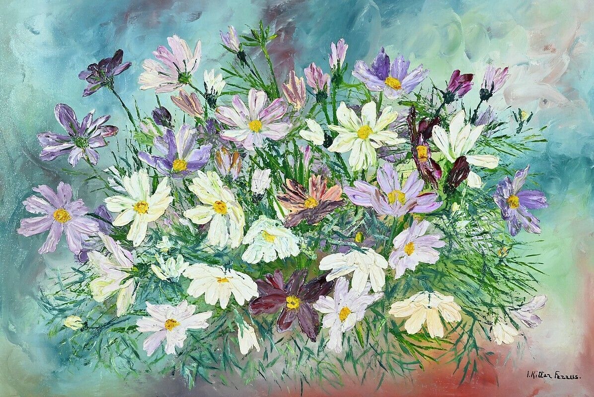 photo furniture Oil On Panel “Wild Flowers” ​​By I. Kitter Ferrus – Mid 20th Century