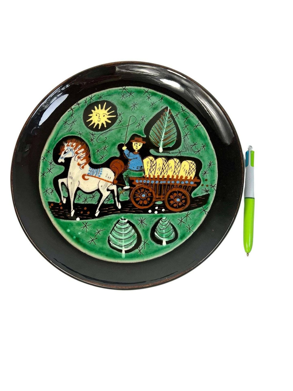 Mcm Swiss Pottery Wall Plate Horse Theme Gift   Hand Painted European Ceramic Art Grandpa Chic Wall Plate Dark Brown Mid Century Aesthetic photo vintage
