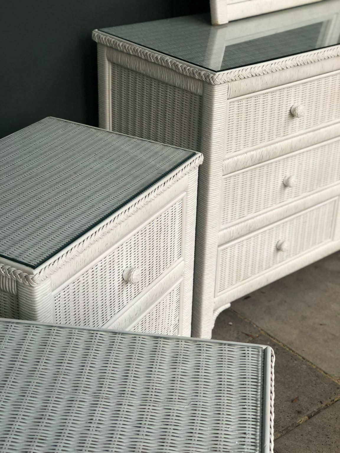 photo furniture Mid Century Wicker Bedroom Suite Chest Of Drawers, Bedside Cabinets & Mirror By Henry Link, 1980s