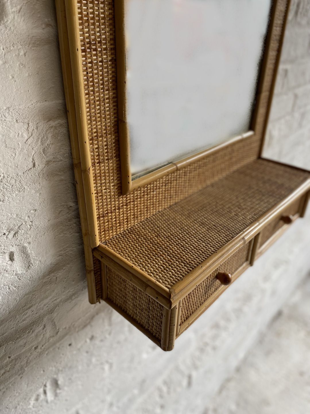 Mid Century Rattan & Cane Wall Mirror With Drawers, Italian, 1970s photo for sale
