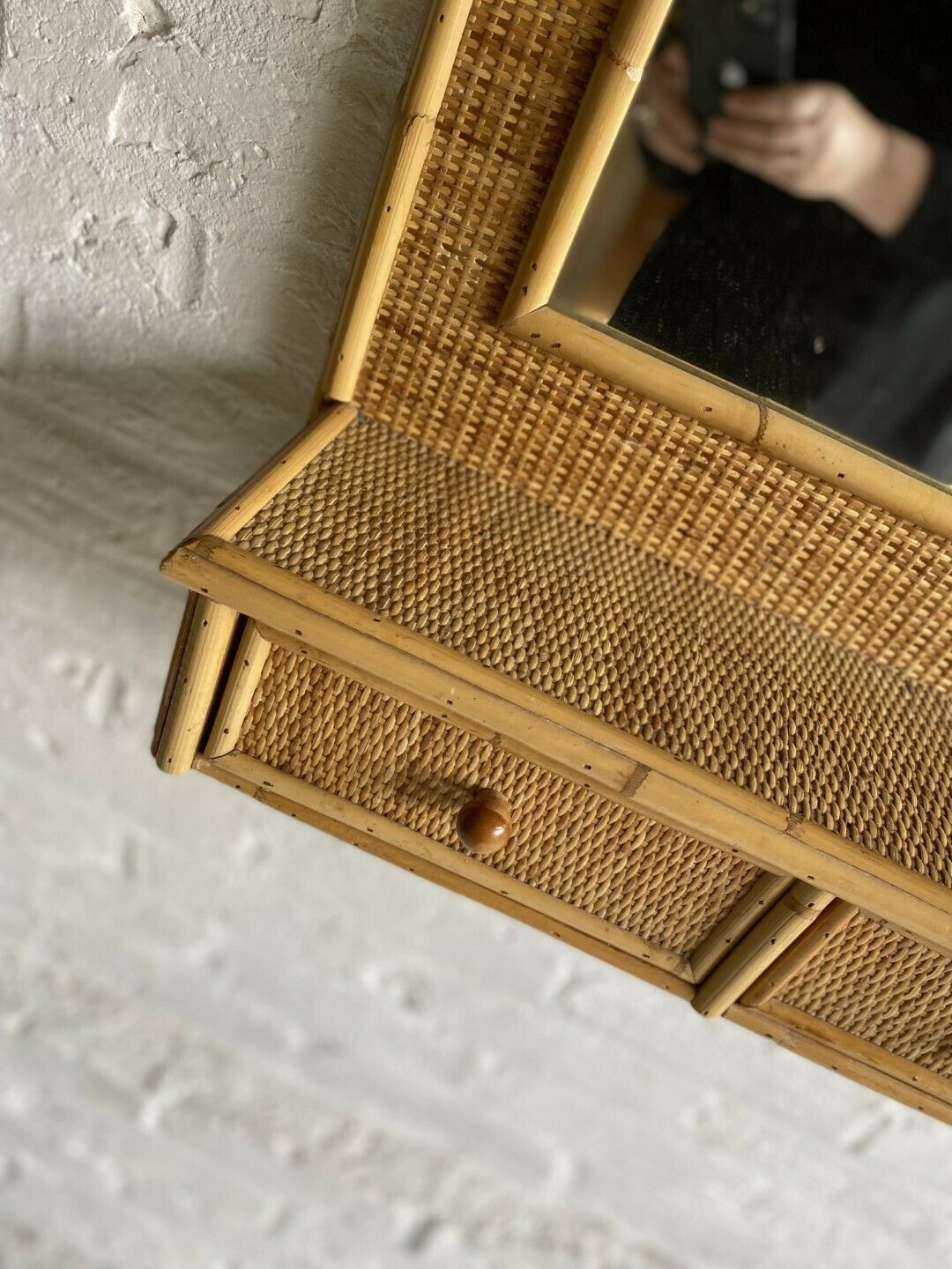 Mid Century Rattan & Cane Wall Mirror With Drawers, Italian, 1970s photo Home Decor
