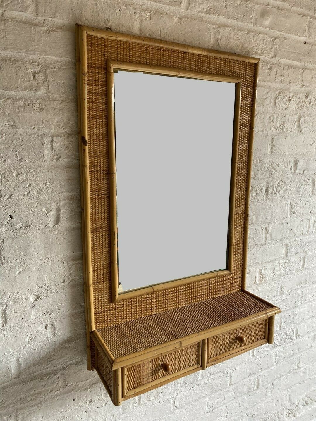 Mid Century Rattan & Cane Wall Mirror With Drawers, Italian, 1970s photo 850.0