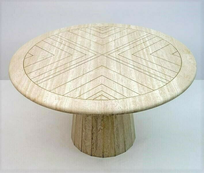 photo furniture Willy Rizzo Mid Century Travertine Round Dining Table With Brass Inlay, Italian, 1970s