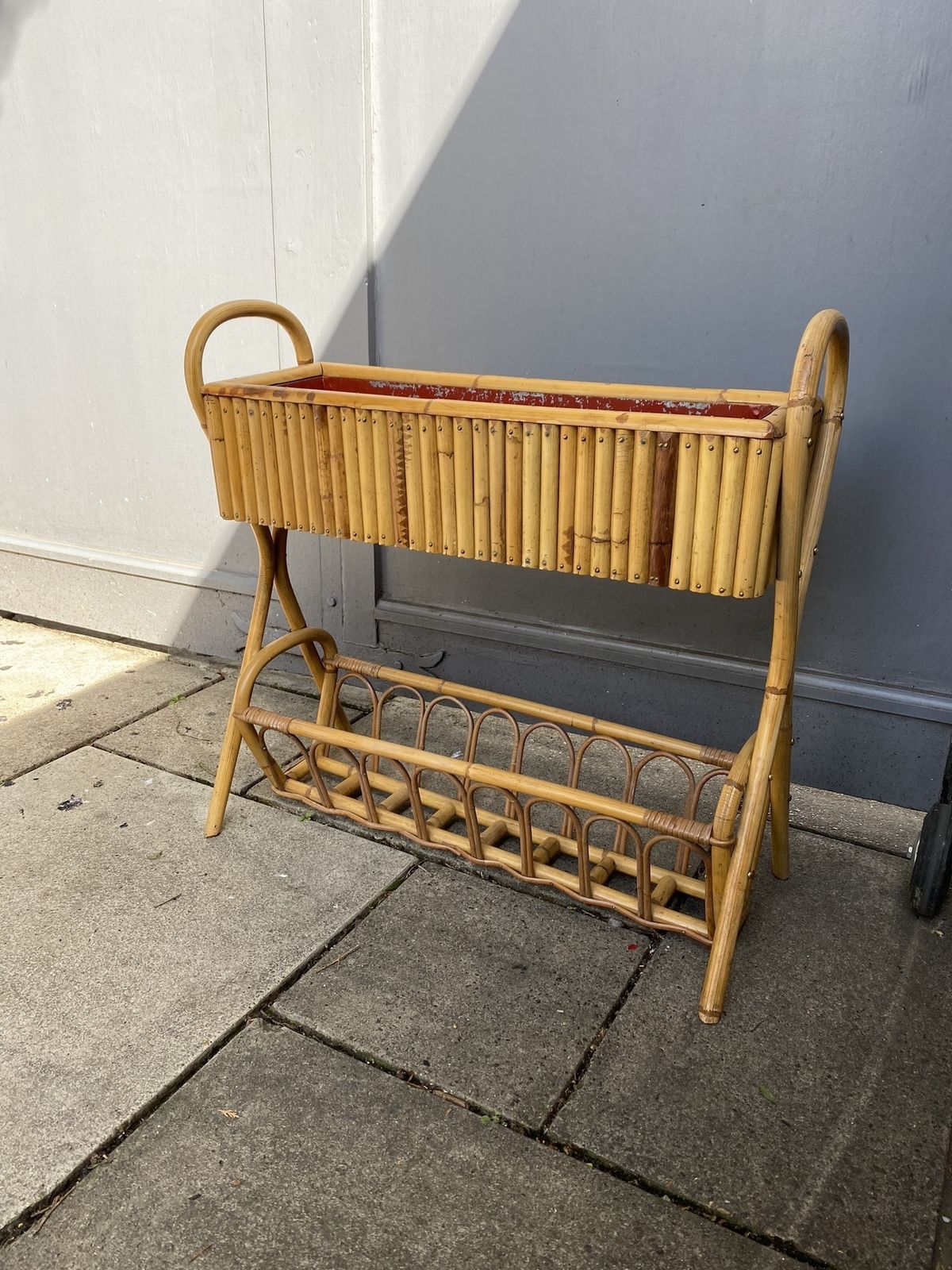 Mid Century French Bamboo Rattan Jardinière Planter, 1950s