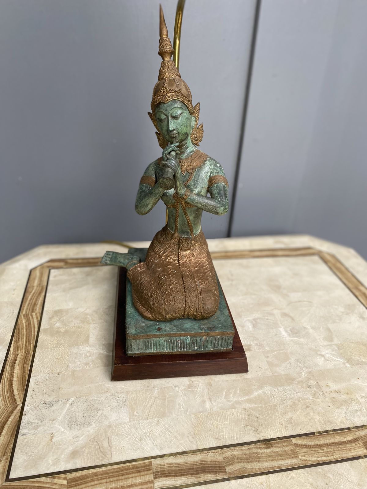 Vintage Bronze Table Lamp Depicting Thai Musician + Shade, 1960s photo for sale