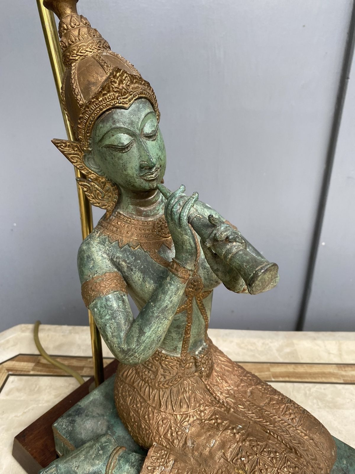 Vintage Bronze Table Lamp Depicting Thai Musician + Shade, 1960s photo vinterior