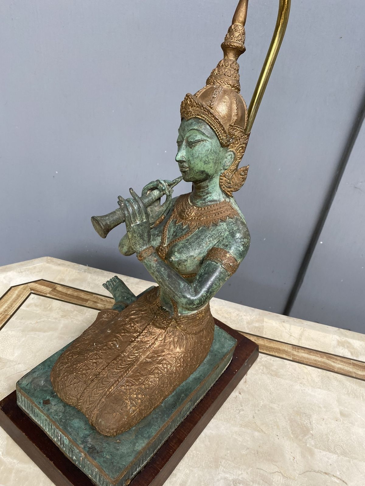 photo furniture Vintage Bronze Table Lamp Depicting Thai Musician + Shade, 1960s