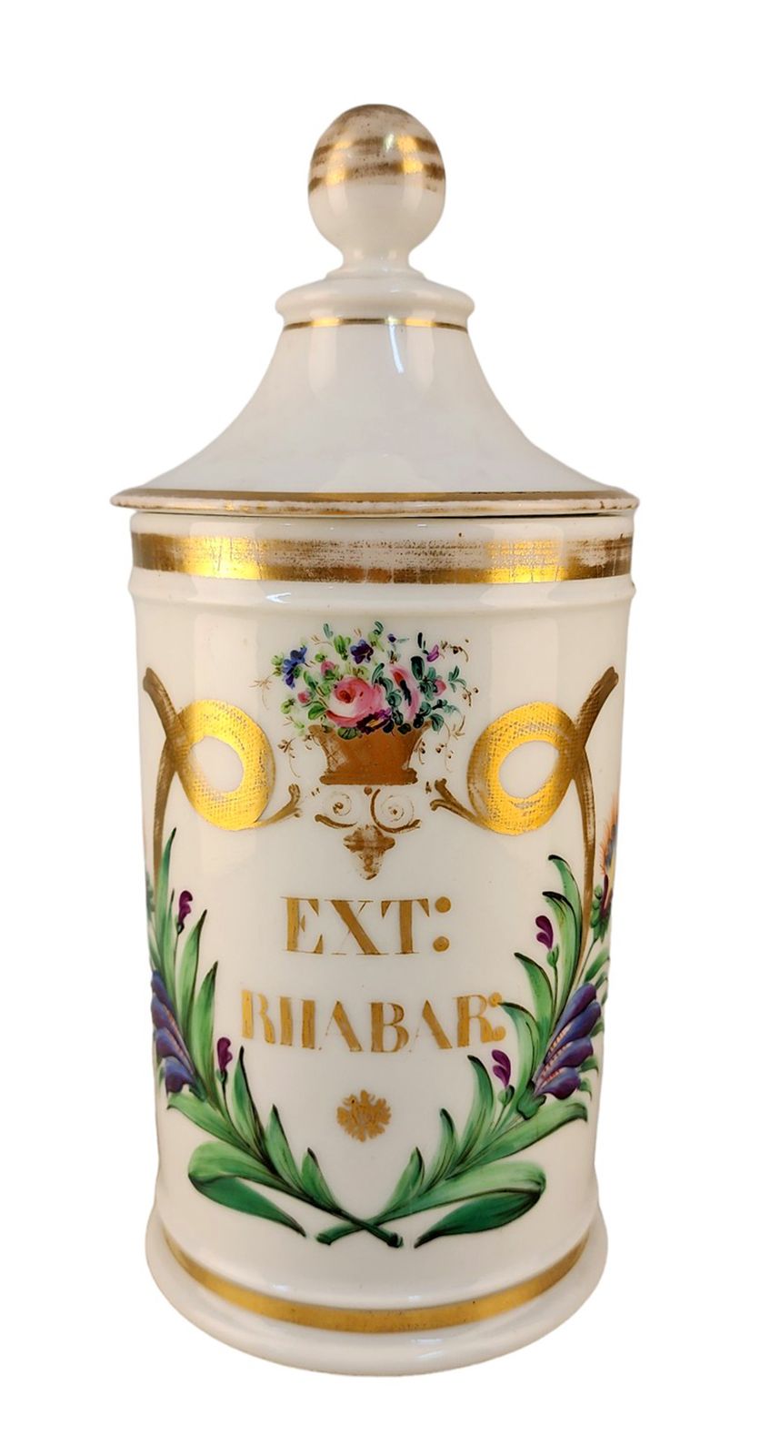 Late 18th Century French Glazed Porcelain Apothecary/Pharmacy Jar With Lid   'Ext Riiabar'