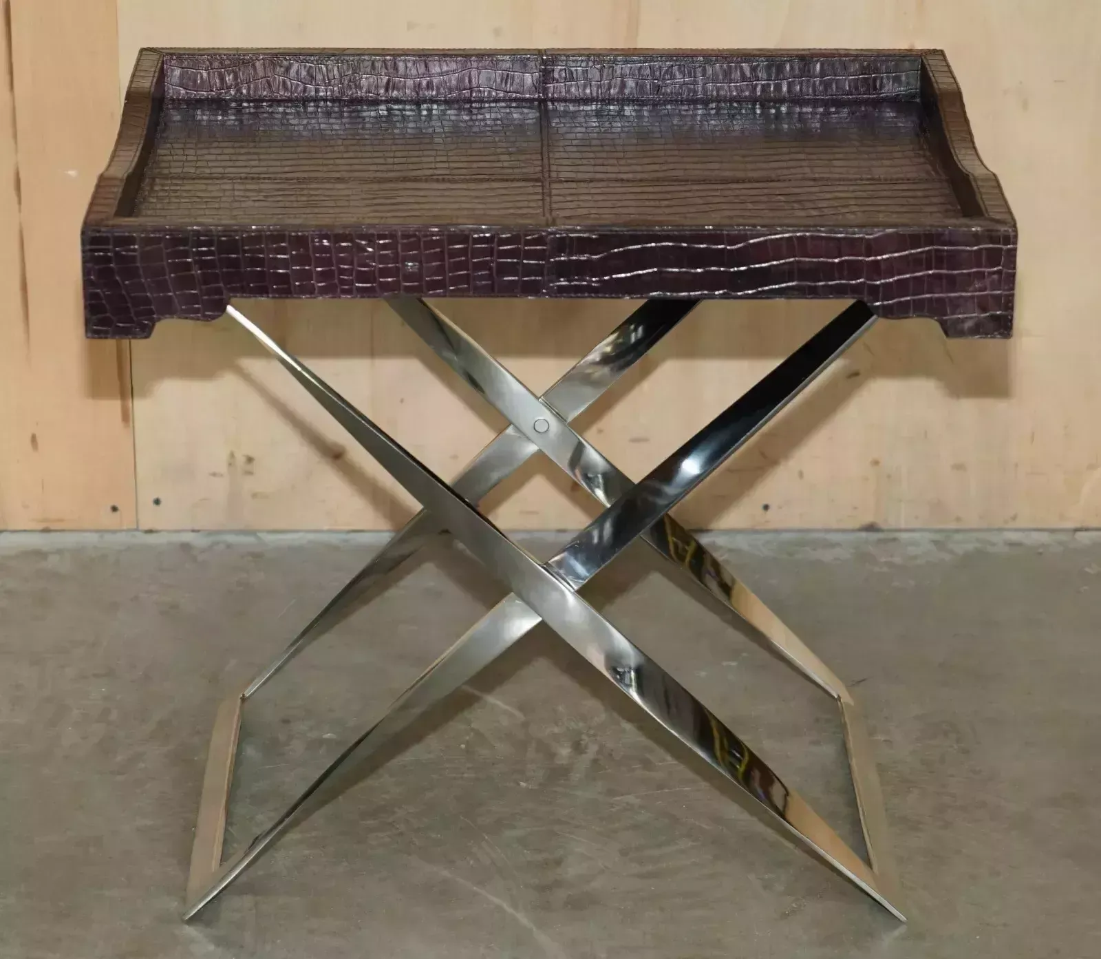 Furniture Stunning Vintage Crocodile Alligator Patina Leather Folding Chrome Tray Table photo