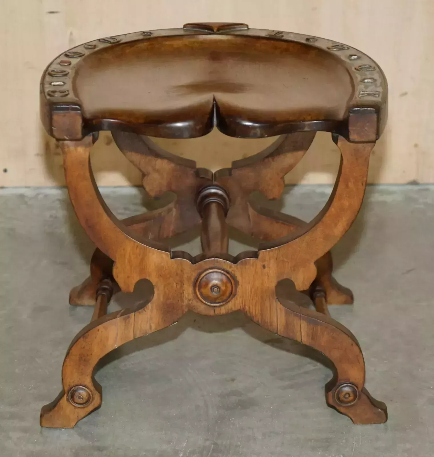 Sublime Antique Victorian Hand Carved English Oak "Good Luck" Horse Shoe Stool photo for sale