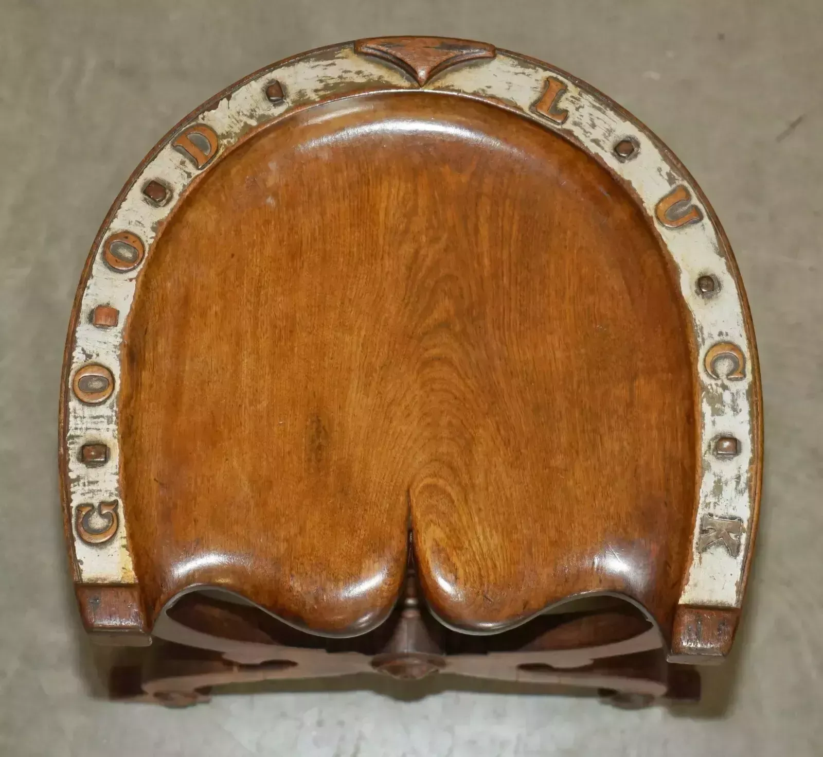 Sublime Antique Victorian Hand Carved English Oak "Good Luck" Horse Shoe Stool photo buy