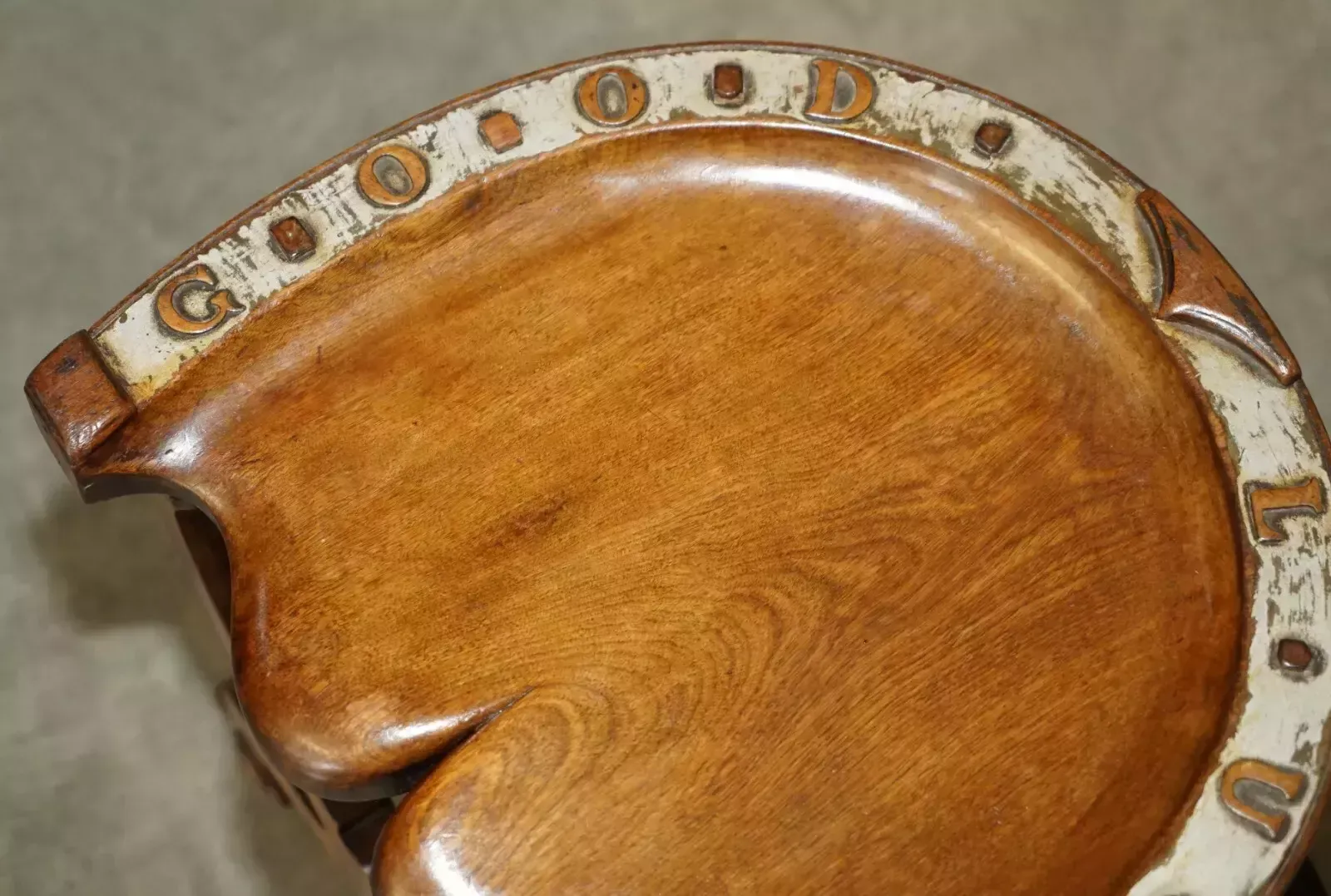 photo furniture Sublime Antique Victorian Hand Carved English Oak "Good Luck" Horse Shoe Stool
