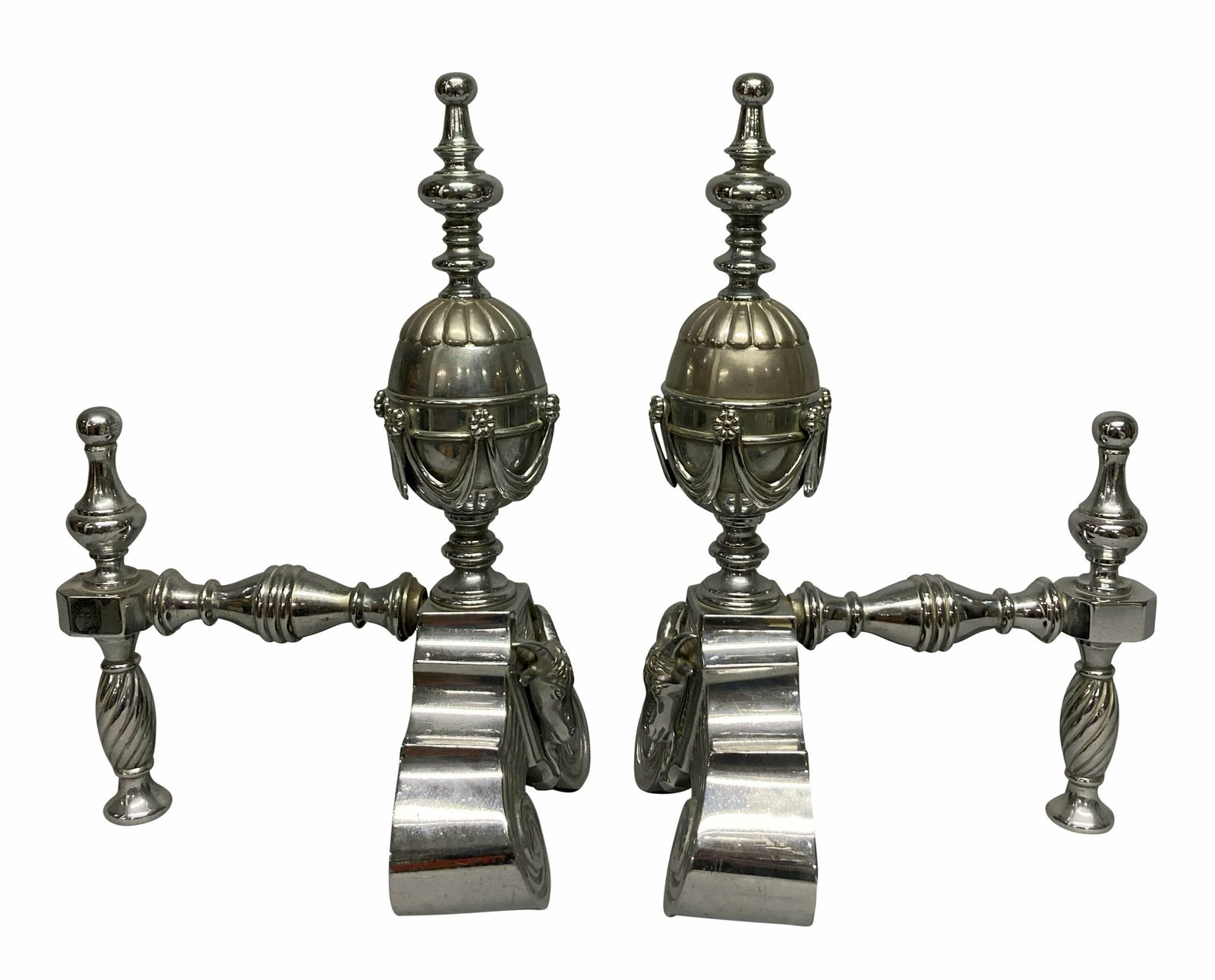 A Pair Of English Late XIX Century Polished Steel Fire Dogs photo for sale