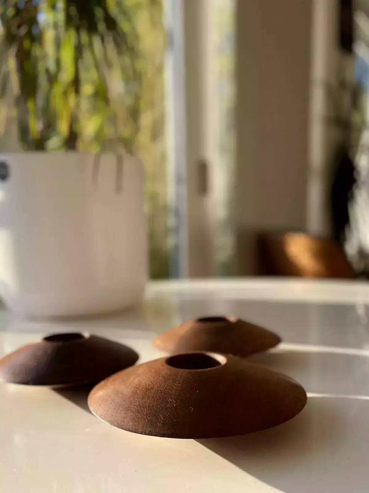 3 Retro Style Turned Mahogany Flying Saucer Tea Light Holders By Roy Hancock photo vinterior