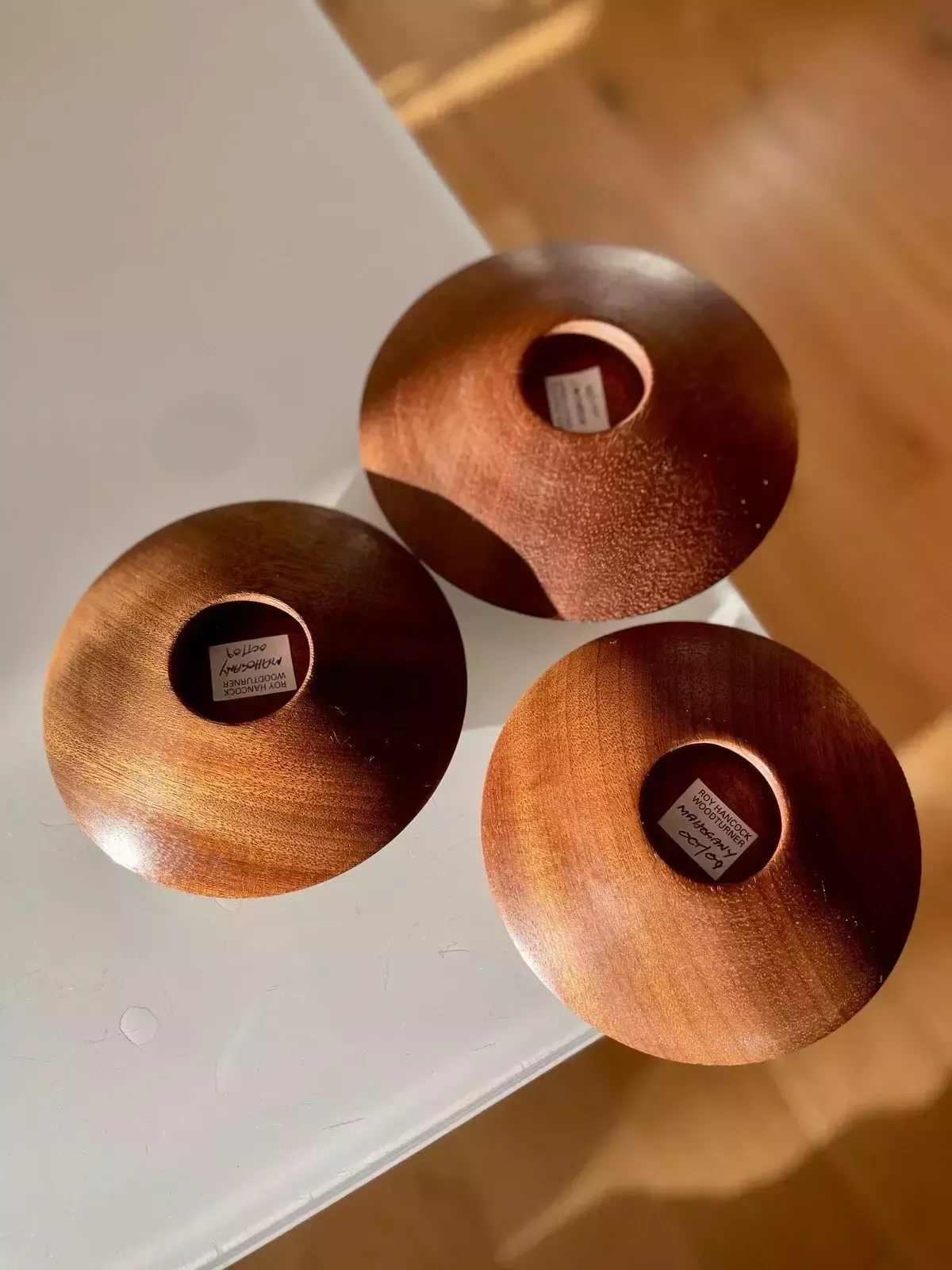 photo furniture 3 Retro Style Turned Mahogany Flying Saucer Tea Light Holders By Roy Hancock