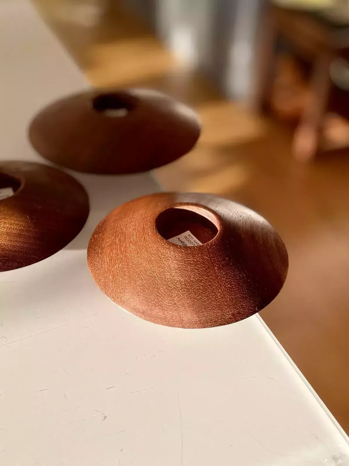 photo for sale 3 Retro Style Turned Mahogany Flying Saucer Tea Light Holders By Roy Hancock