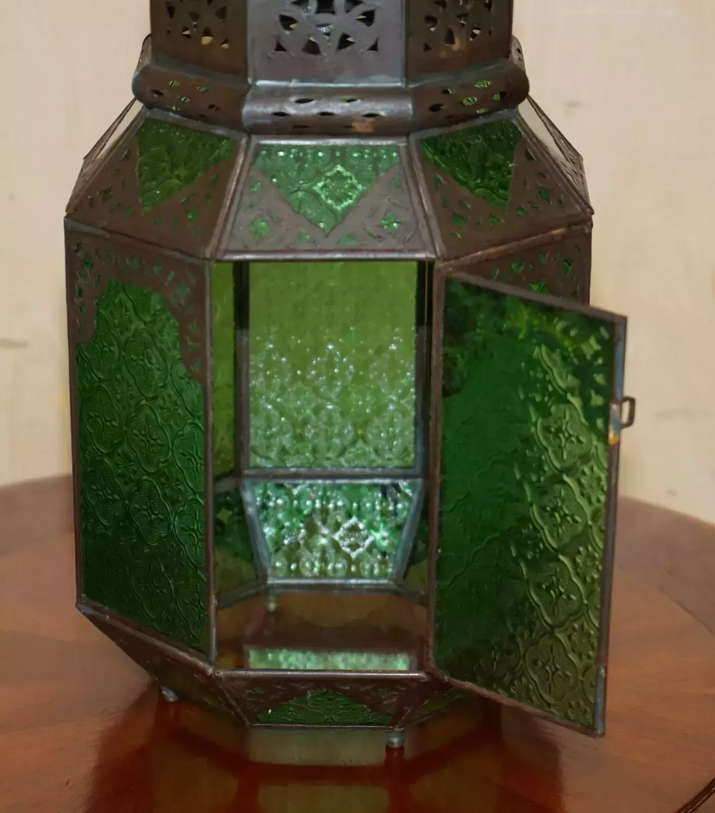 photo furniture Antique Repousse Moroccan Bronzed Hanging Lantern Jade Green Glass Panels