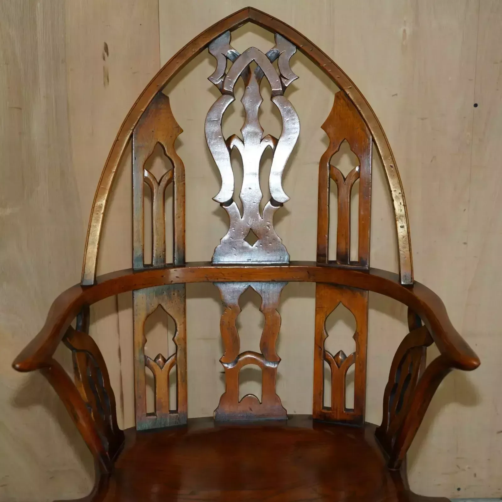 Sublime Fully Restored Gothic Windsor Steeple Back Burr Yew & Elm Armchair photo for sale