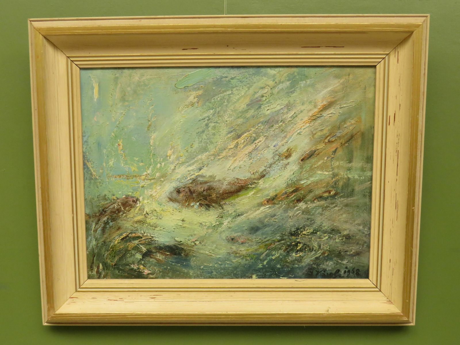 Framed Oil On Board 'Fish' By Karolyi, Signed And Dated 1968