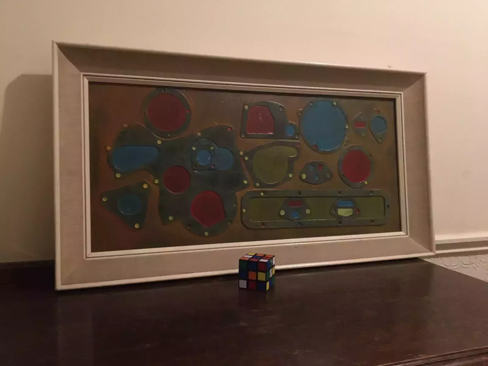 photo furniture Large Industrial Modernist Oil Painting Abstract Assemblage Art 1970s Signed