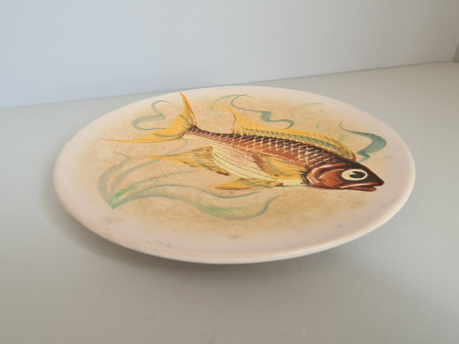 Decorative Plate Signed Vallauris Handmade Decor / Fish / Painting / 1950 / French Riviera / Mid Century / 20th Century photo vintage