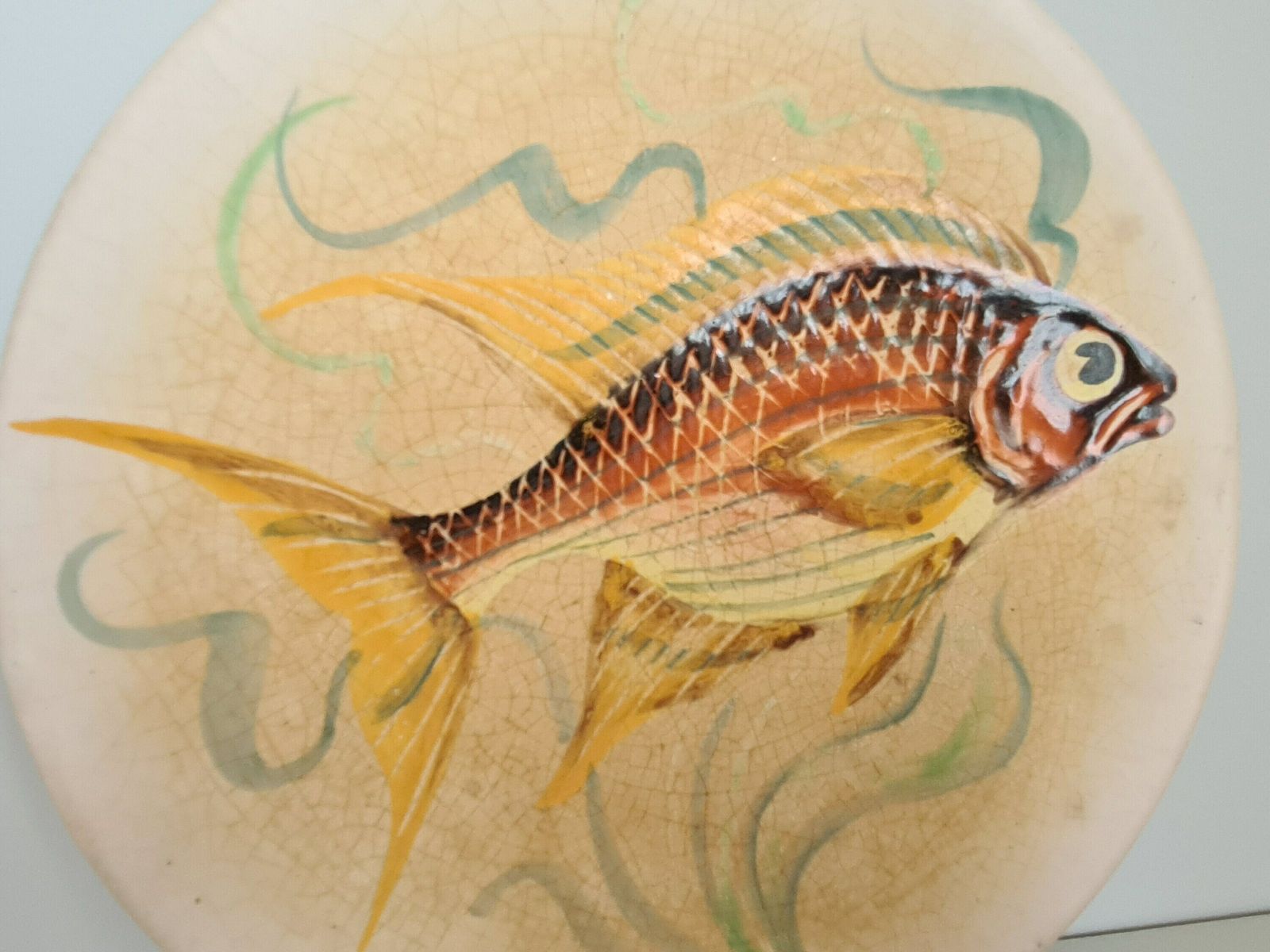 photo furniture Decorative Plate Signed Vallauris Handmade Decor / Fish / Painting / 1950 / French Riviera / Mid Century / 20th Century