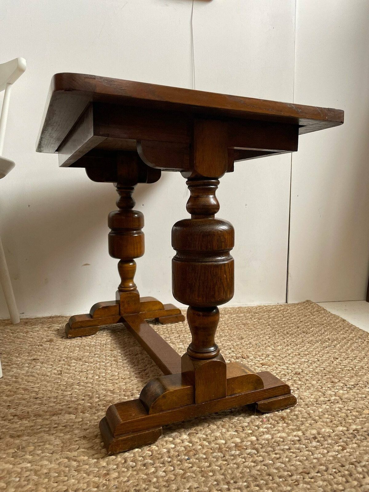 photo furniture Vintage Tall Oak Hallway Chapel Side Table With Chunky Turned Wood Legs Arts And Crafts Vibe