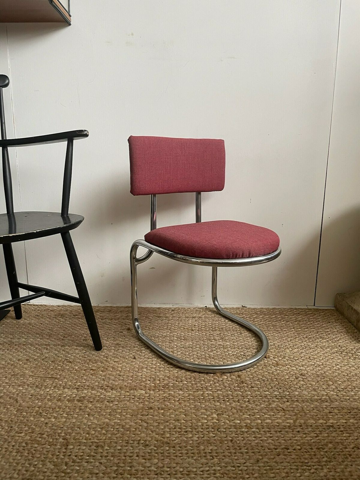 Tubular Bauhaus Style Cantilevered Large Kids Chair With Dusty Red Seat And Back photo vinterior