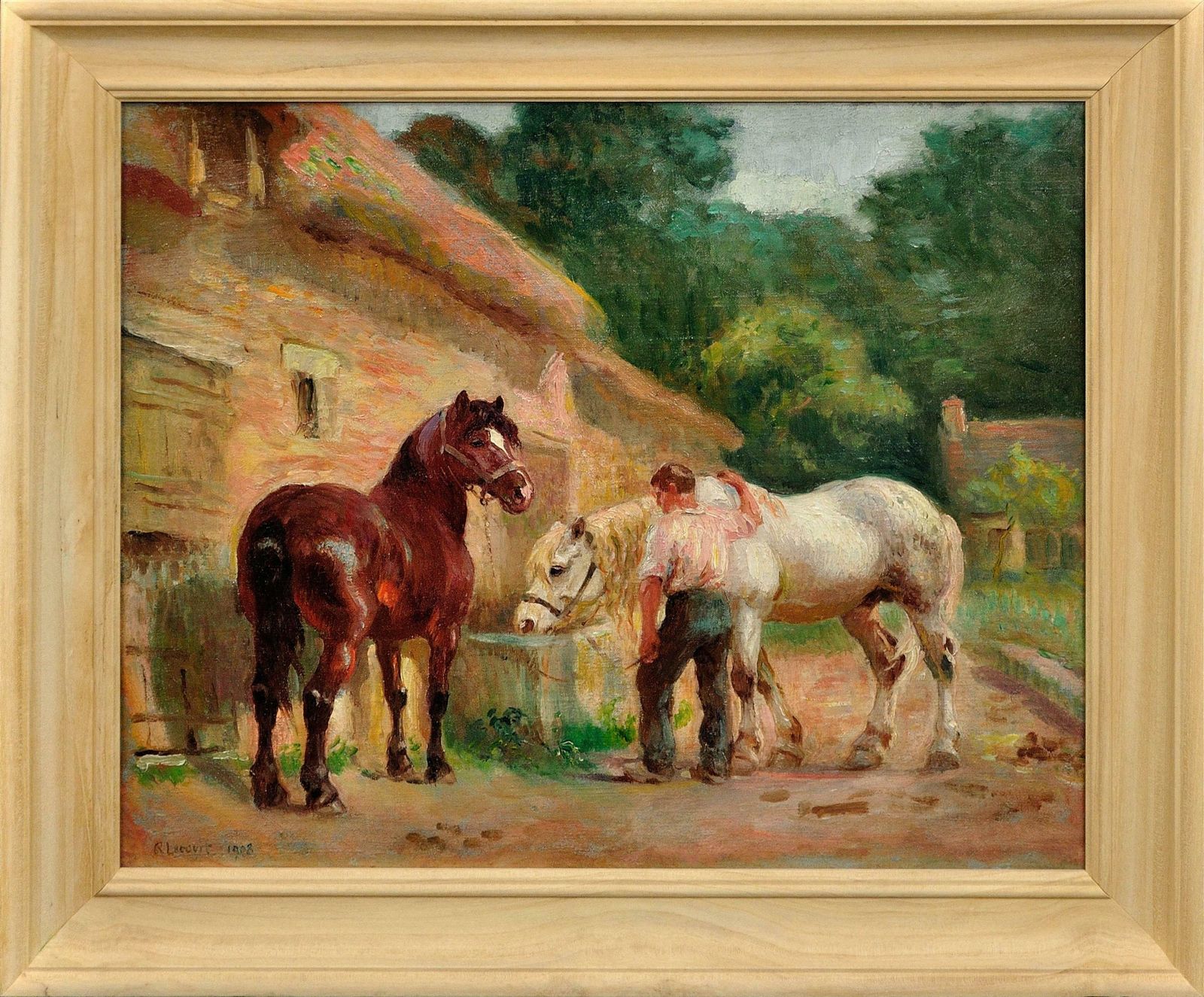 Raimond Louis Lecourt 1882 To 1946. French. Working Horses At The Trough, Normandy 1908. Chevaux à L'abreuvoir. Framed Oil Painting.