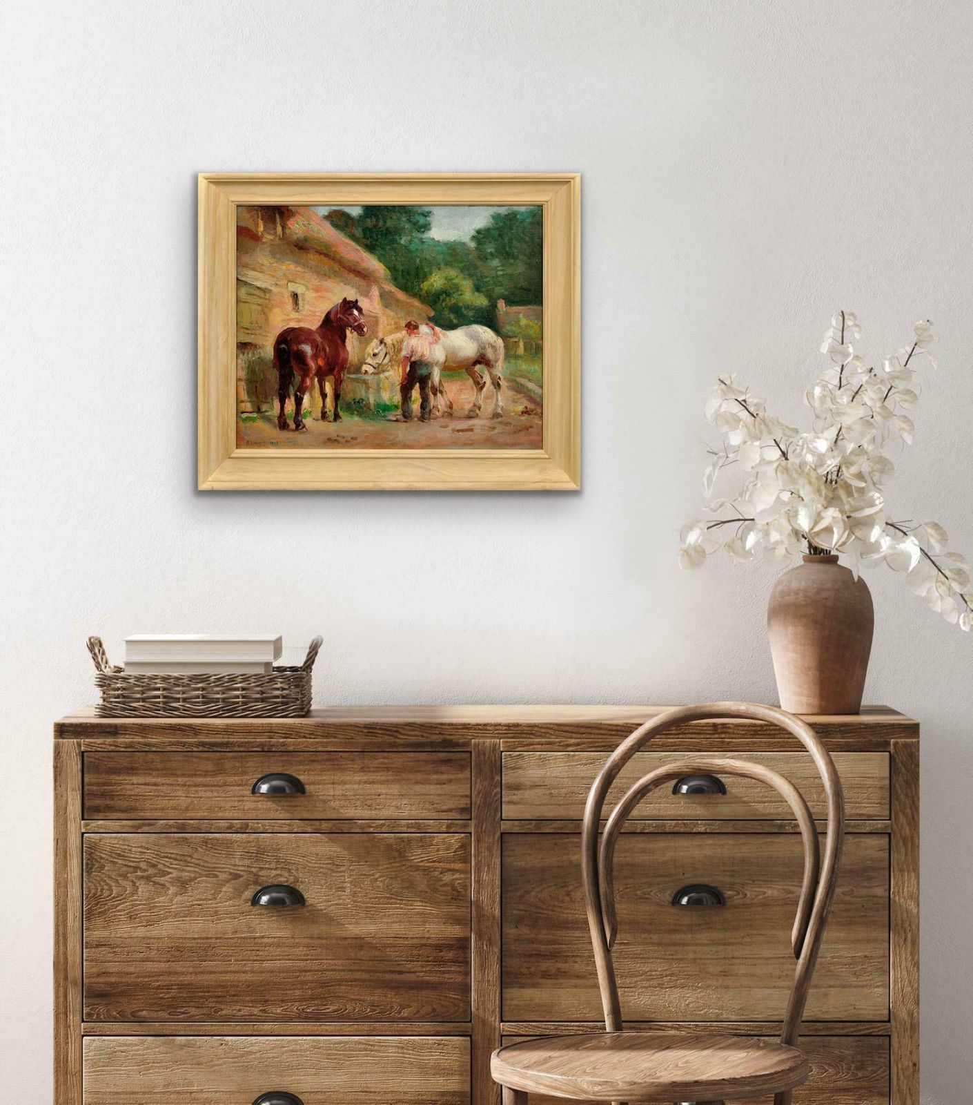 Raimond Louis Lecourt 1882 To 1946. French. Working Horses At The Trough, Normandy 1908. Chevaux à L'abreuvoir. Framed Oil Painting. photo vintage