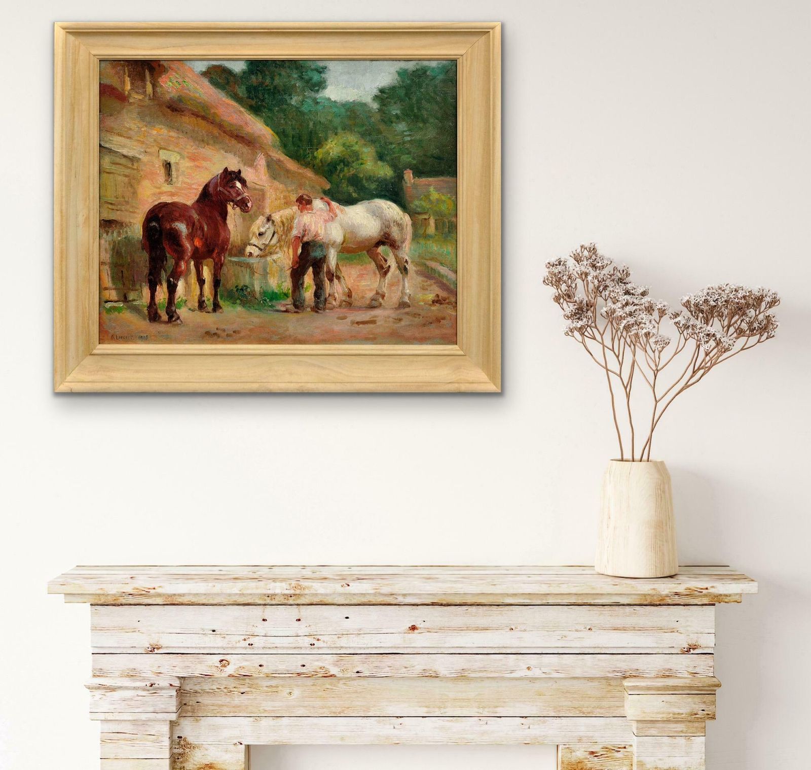 photo furniture Raimond Louis Lecourt 1882 To 1946. French. Working Horses At The Trough, Normandy 1908. Chevaux à L'abreuvoir. Framed Oil Painting.