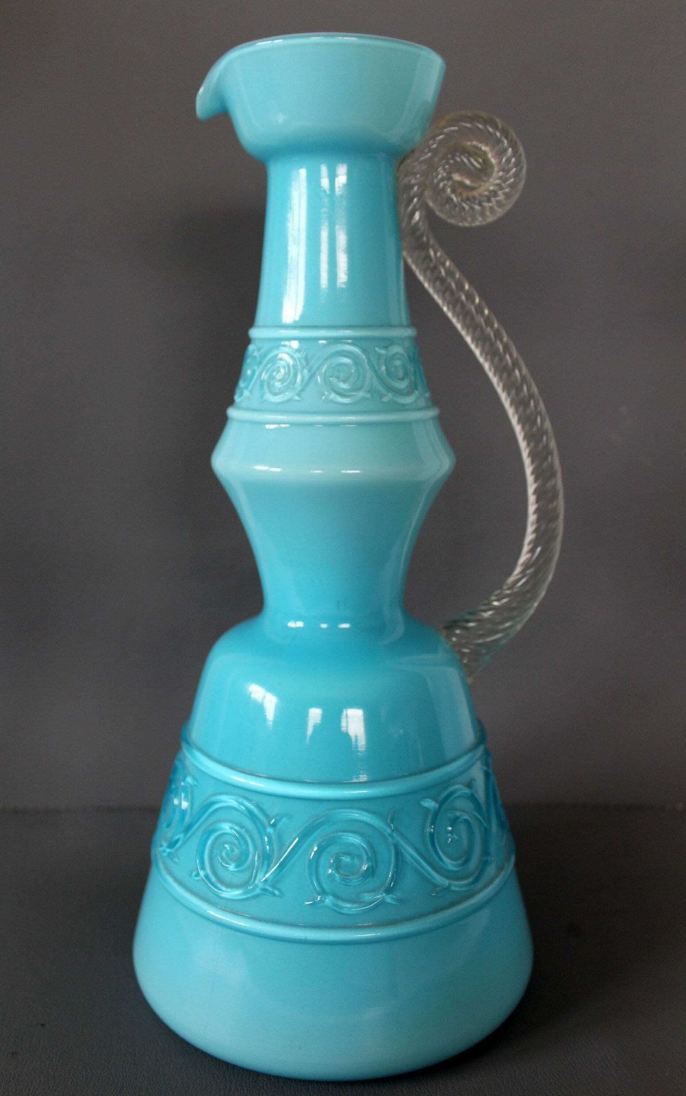 Tall And Large Vintage Retro Mid Century Turquoise Lavorazione A Mano Toscana Italy Stelvia Glass Pitcher Vase, Opaline Italy, Handle, Label photo furniture