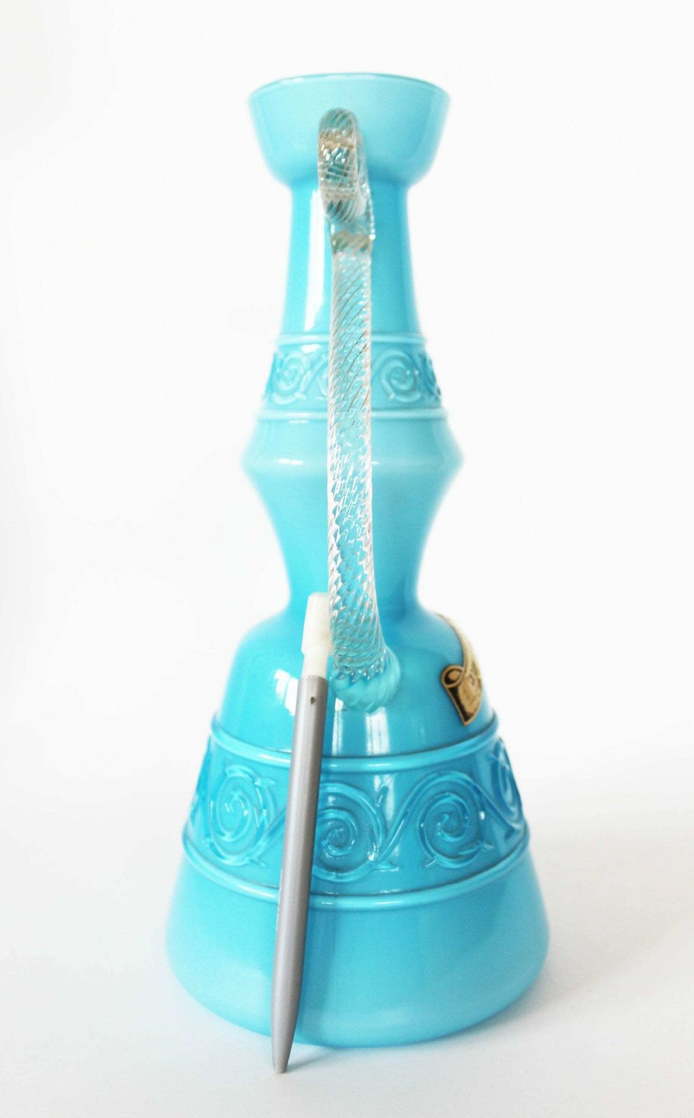 Tall And Large Vintage Retro Mid Century Turquoise Lavorazione A Mano Toscana Italy Stelvia Glass Pitcher Vase, Opaline Italy, Handle, Label photo for sale